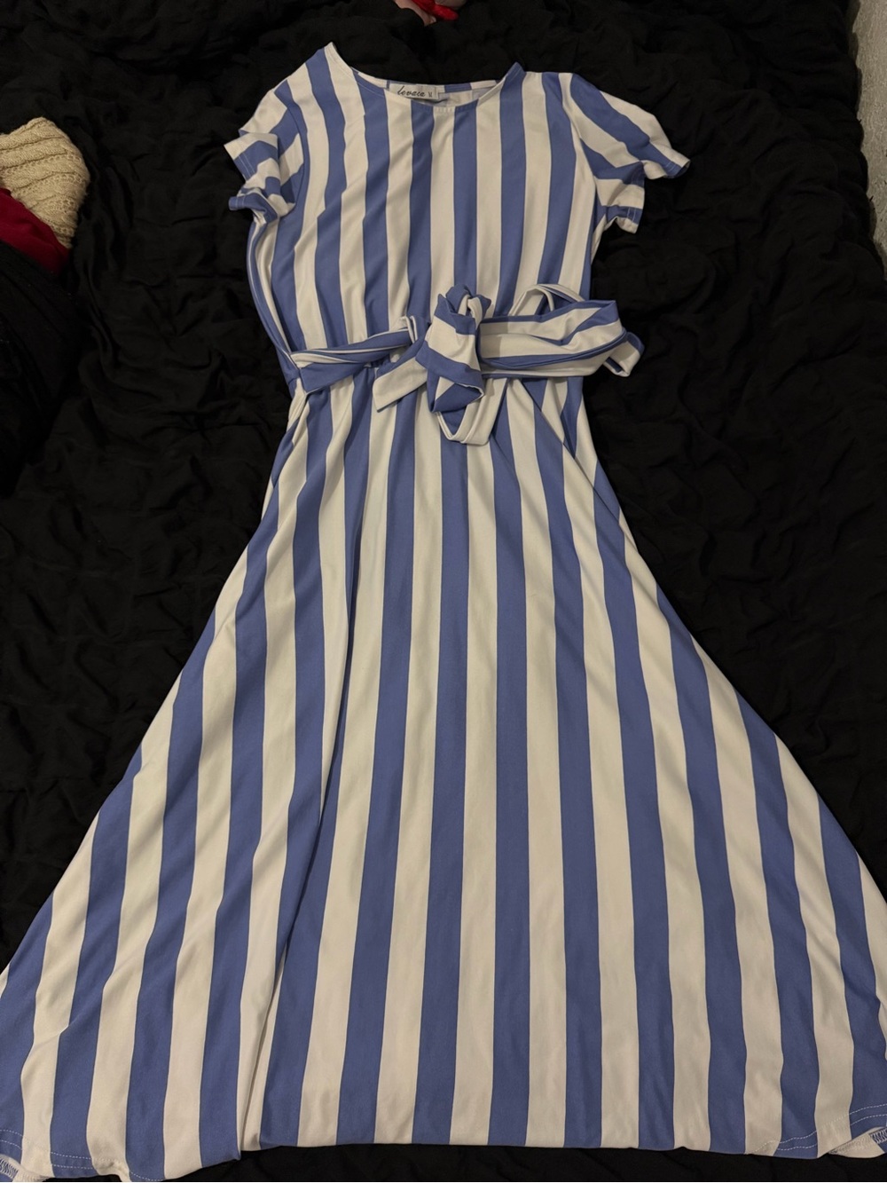 Girls Blue and White Vertical Stripe Belted Dress